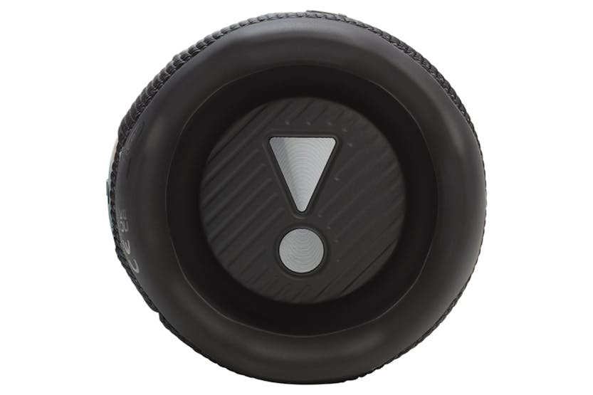 Bottom view of black JBL Flip 7 portable Bluetooth speaker showing rubber base with logo area.