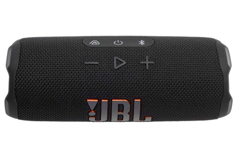 JBL Flip 7 portable black Bluetooth speaker showing top buttons and textured fabric grille with logo.