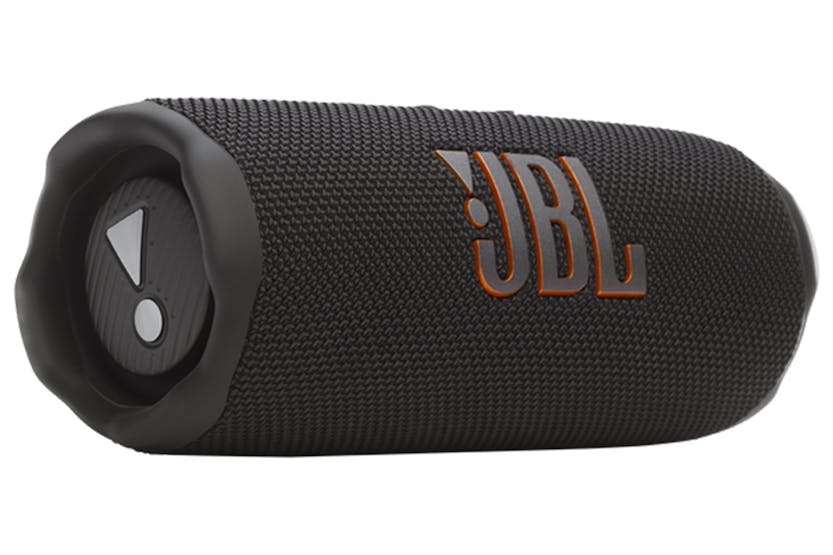 Black JBL Flip 7 portable Bluetooth speaker angled to show textured fabric and logo on side