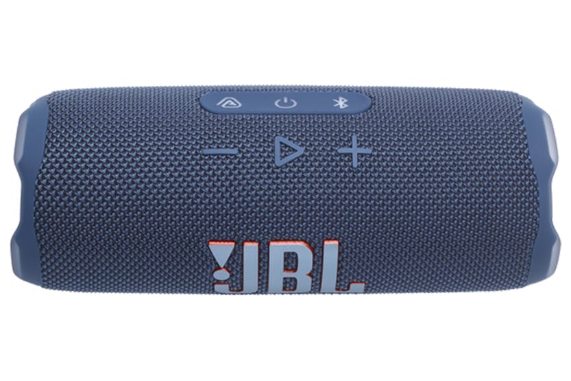 Blue JBL Flip 7 portable Bluetooth speaker showing top control buttons and front logo.