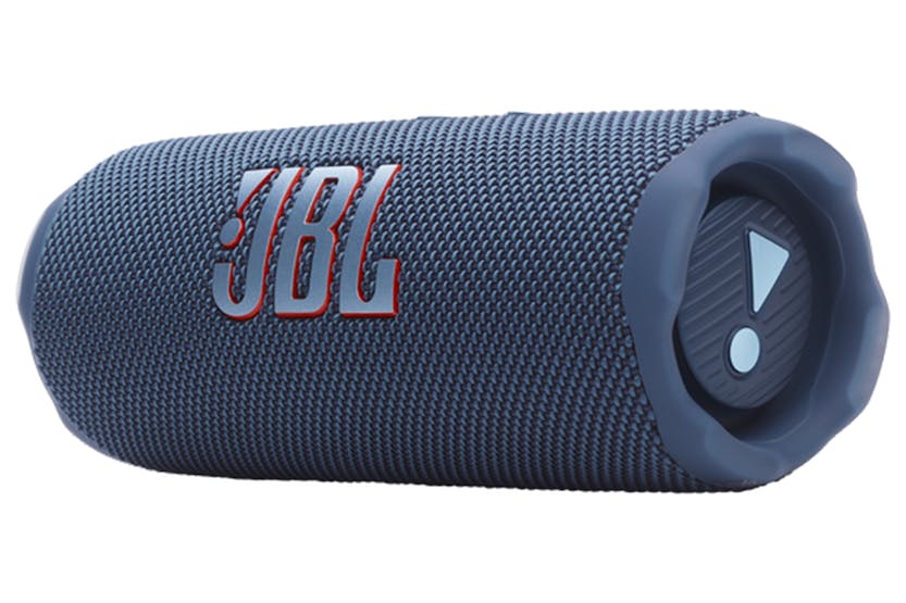 Blue JBL Flip 7 portable Bluetooth speaker angled to show fabric texture and control buttons on side.