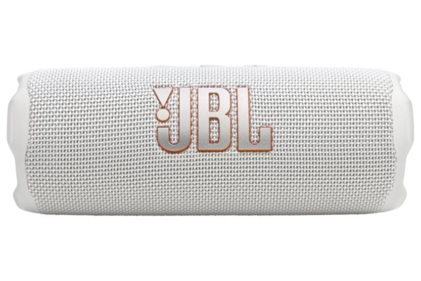 White JBL Flip 7 portable Bluetooth speaker shown from the front with JBL logo visible