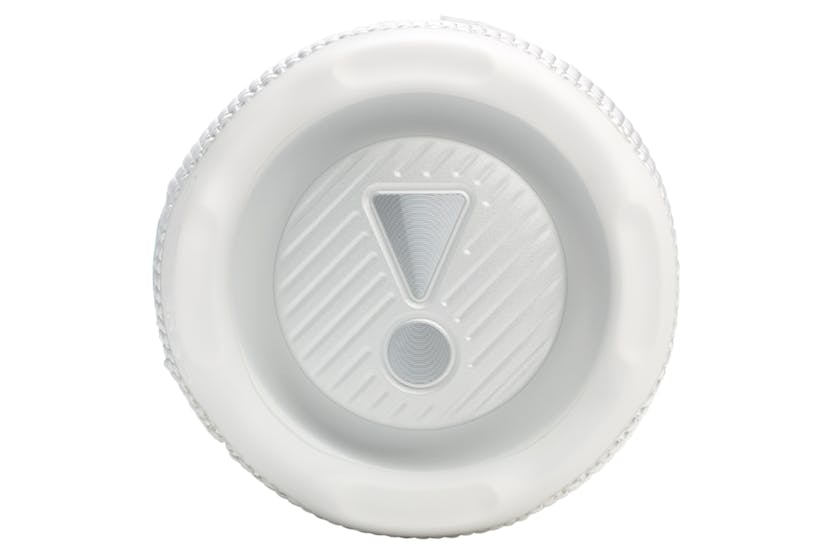 Top view of the white JBL Flip 7 portable Bluetooth speaker showing the control panel with an exclamation mark design.