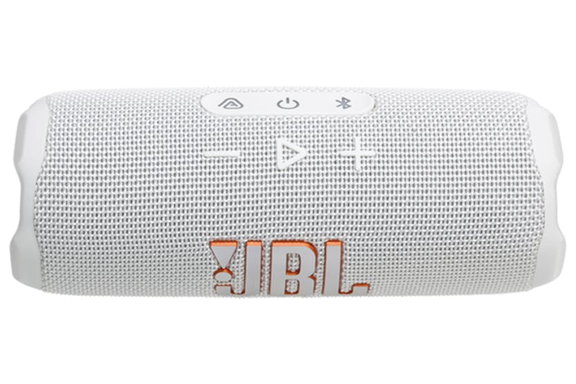 White JBL Flip 7 portable Bluetooth speaker front view showing control buttons and logo.