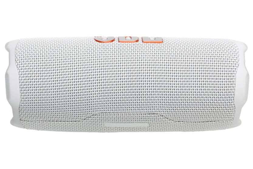 White JBL Flip 7 portable Bluetooth speaker shown from the front with orange control buttons visible on top