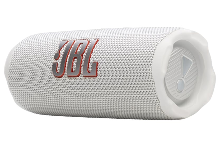 White JBL Flip 7 portable Bluetooth speaker angled to show front grille and side passive radiator.