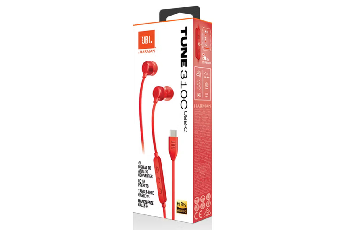 JBL Tune 310C red wired in-ear headphones with USB-C, shown on retail packaging box.