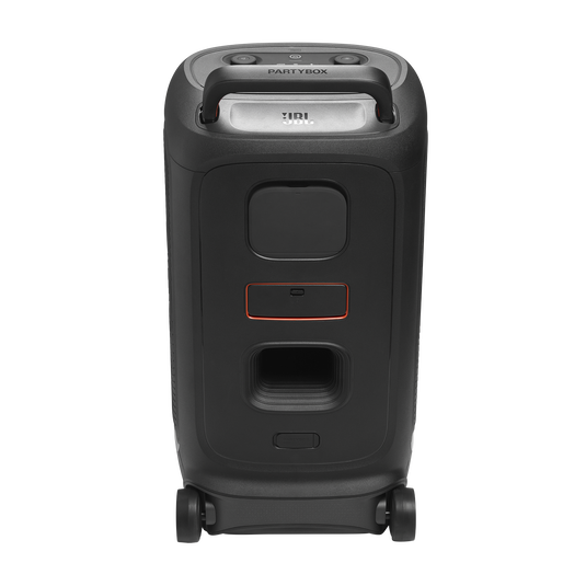 JBL Partybox 520 speaker rear view showing handle, ports, and wheels on a white background.
