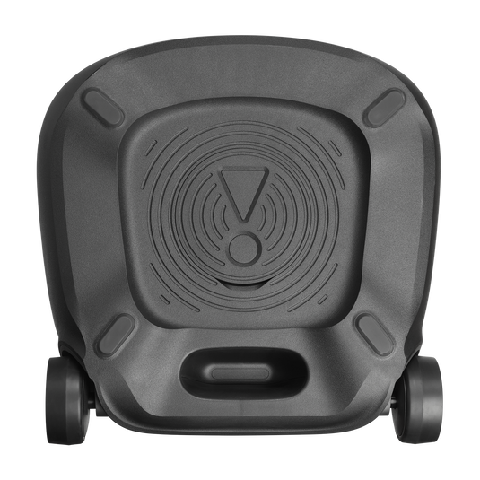 Bottom view of the JBL Partybox 520 speaker showing the base with wheels and textured rubber feet.