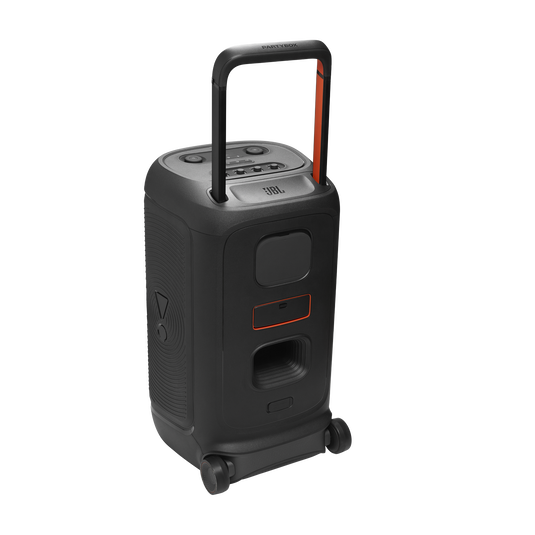 JBL Partybox 520 portable speaker with handle extended, showing control panel and wheels on white background.