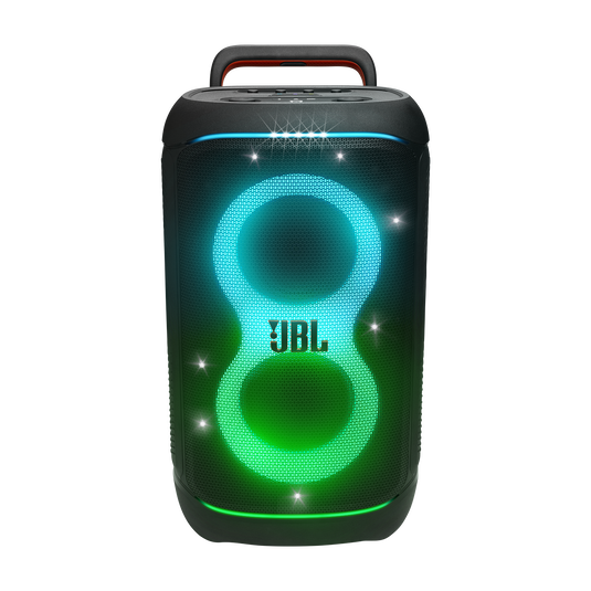 JBL Partybox 520 speaker front view with glowing blue and green LED lights and a top handle.