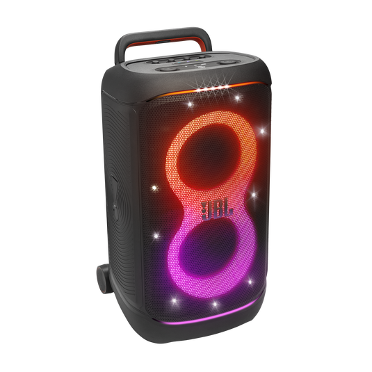 JBL PartyBox 520 portable speaker with dynamic LED lightshow, black with handle and wheels, front angled view.