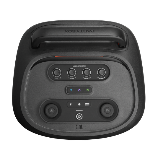 Top view of JBL Partybox 520 speaker showing control panel with volume, bass, treble, echo, and playback buttons.