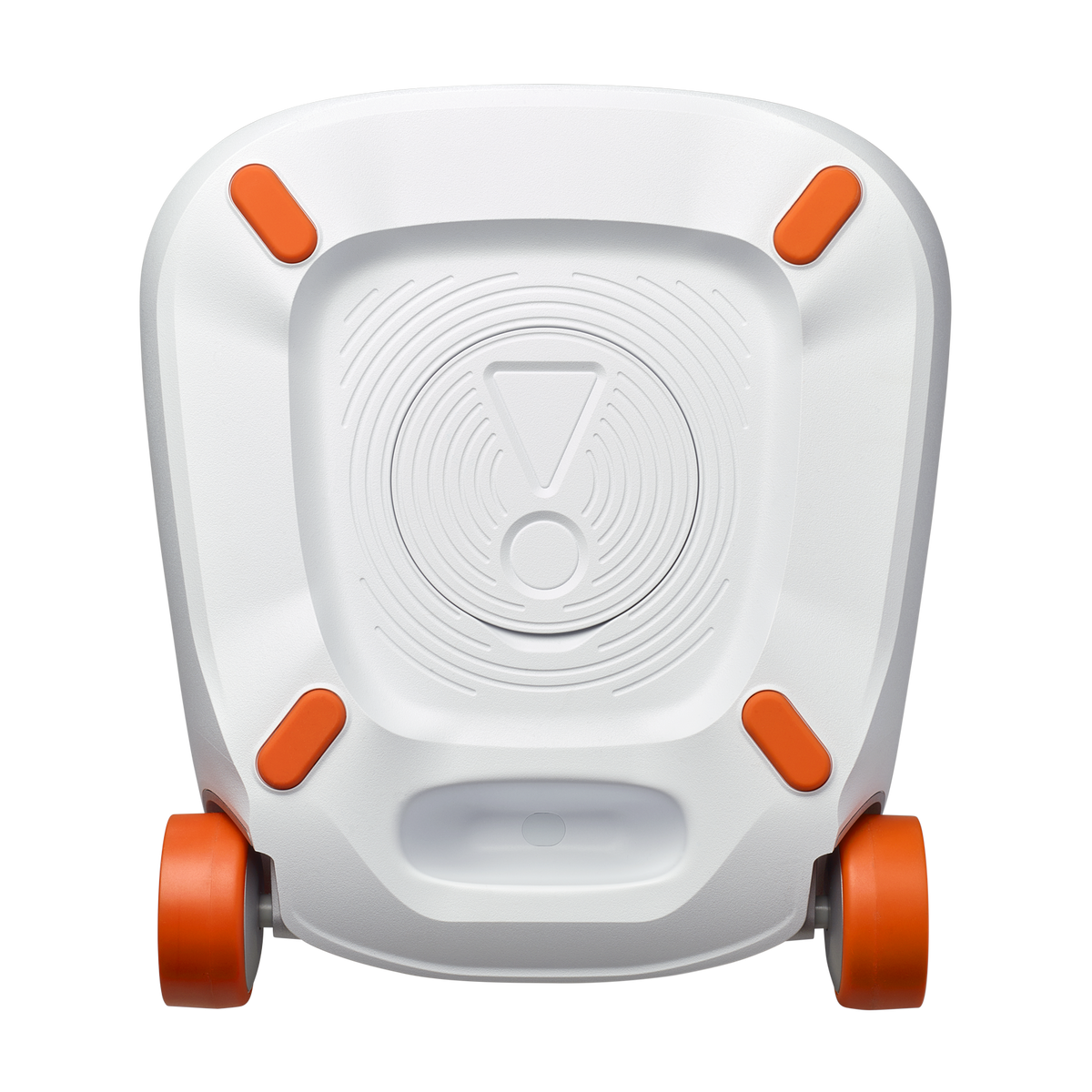 Bottom view of the white JBL PartyBox Stage 320 speaker showing orange corner pads and wheels.