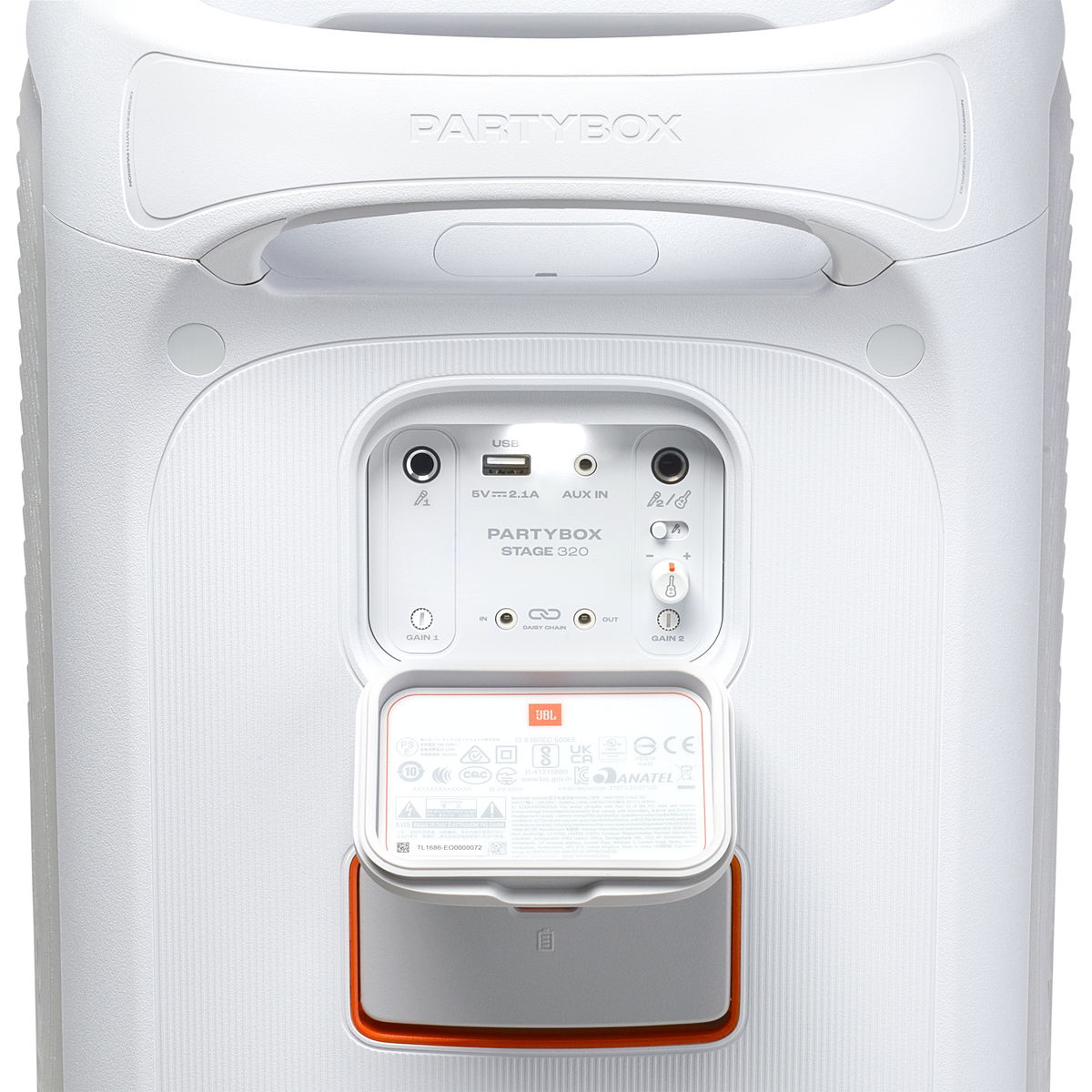 Close-up of the white JBL PartyBox Stage 320 speaker's rear panel showing input ports and control knobs.