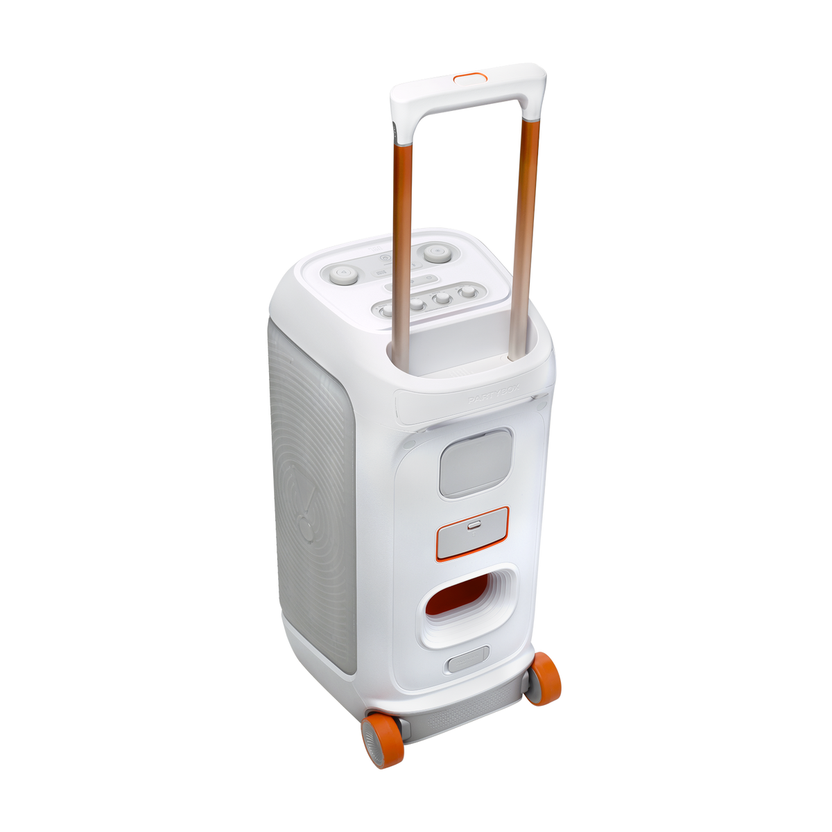 JBL PartyBox Stage 320 white speaker showing top controls, extended handle, and orange wheels.