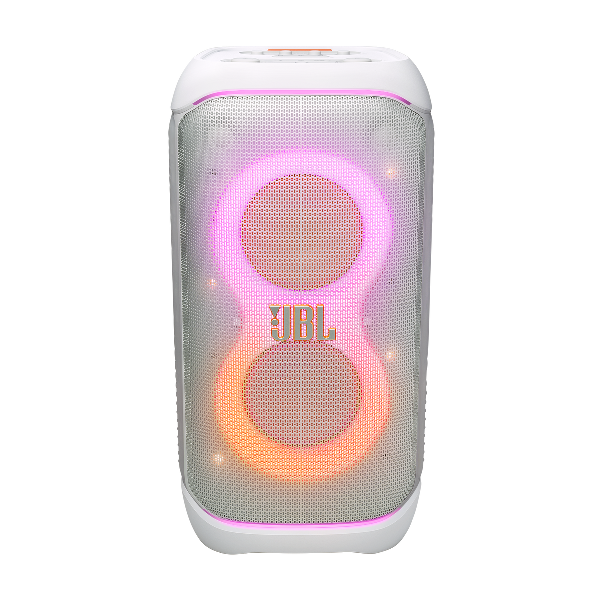 White JBL PartyBox Stage 320 speaker with glowing pink and orange LED lights on the front grille