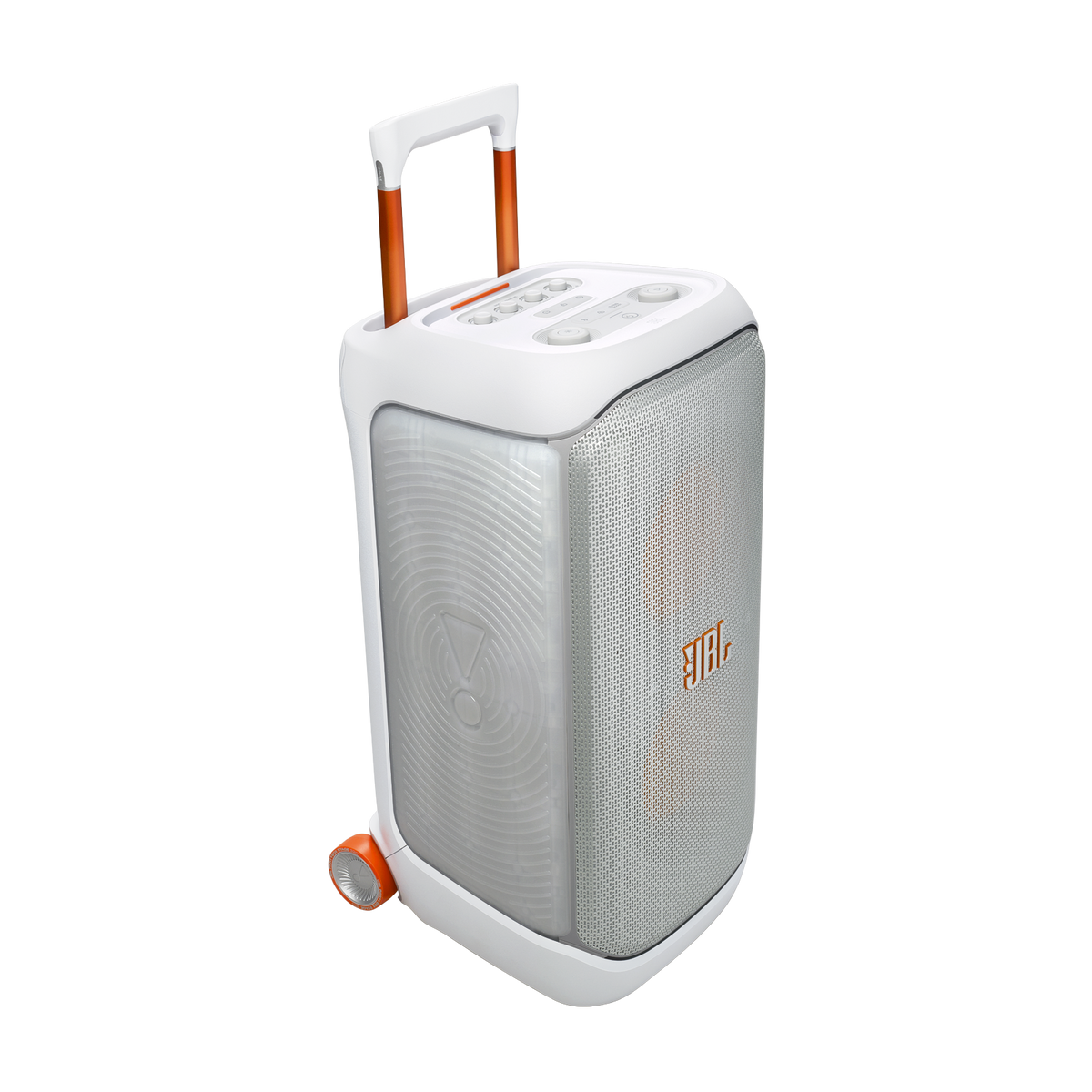 JBL PartyBox Stage 320 white speaker with orange handle extended and control panel on top, angled view.