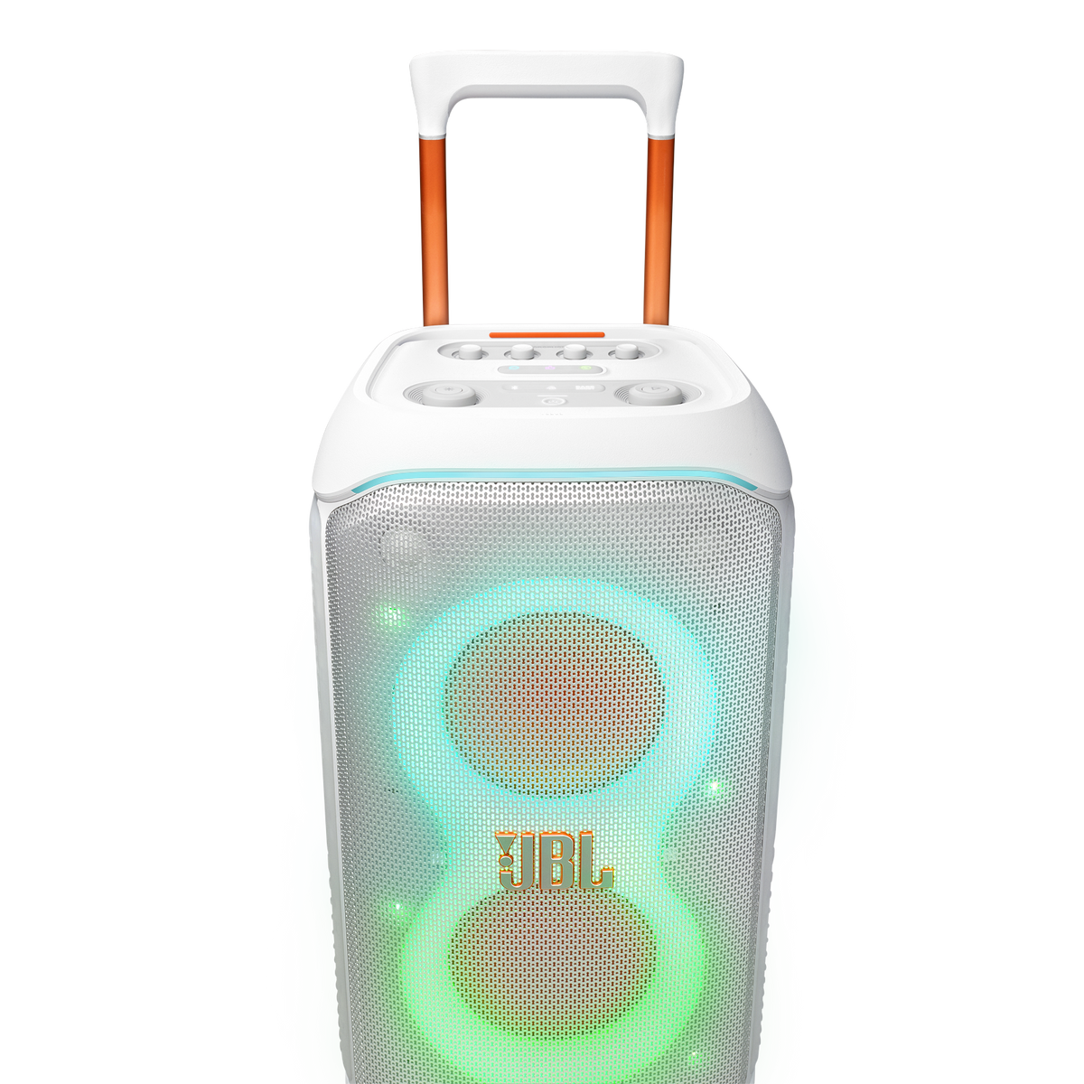 Front view of JBL PartyBox Stage 320 white speaker with illuminated LED rings and extended handle