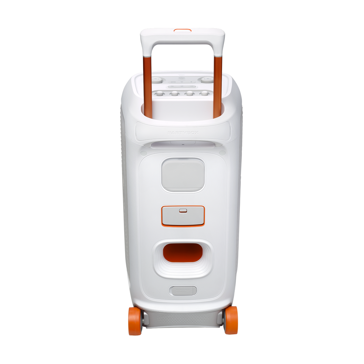 Rear view of white JBL PartyBox Stage 320 speaker with extended orange handle and wheels visible