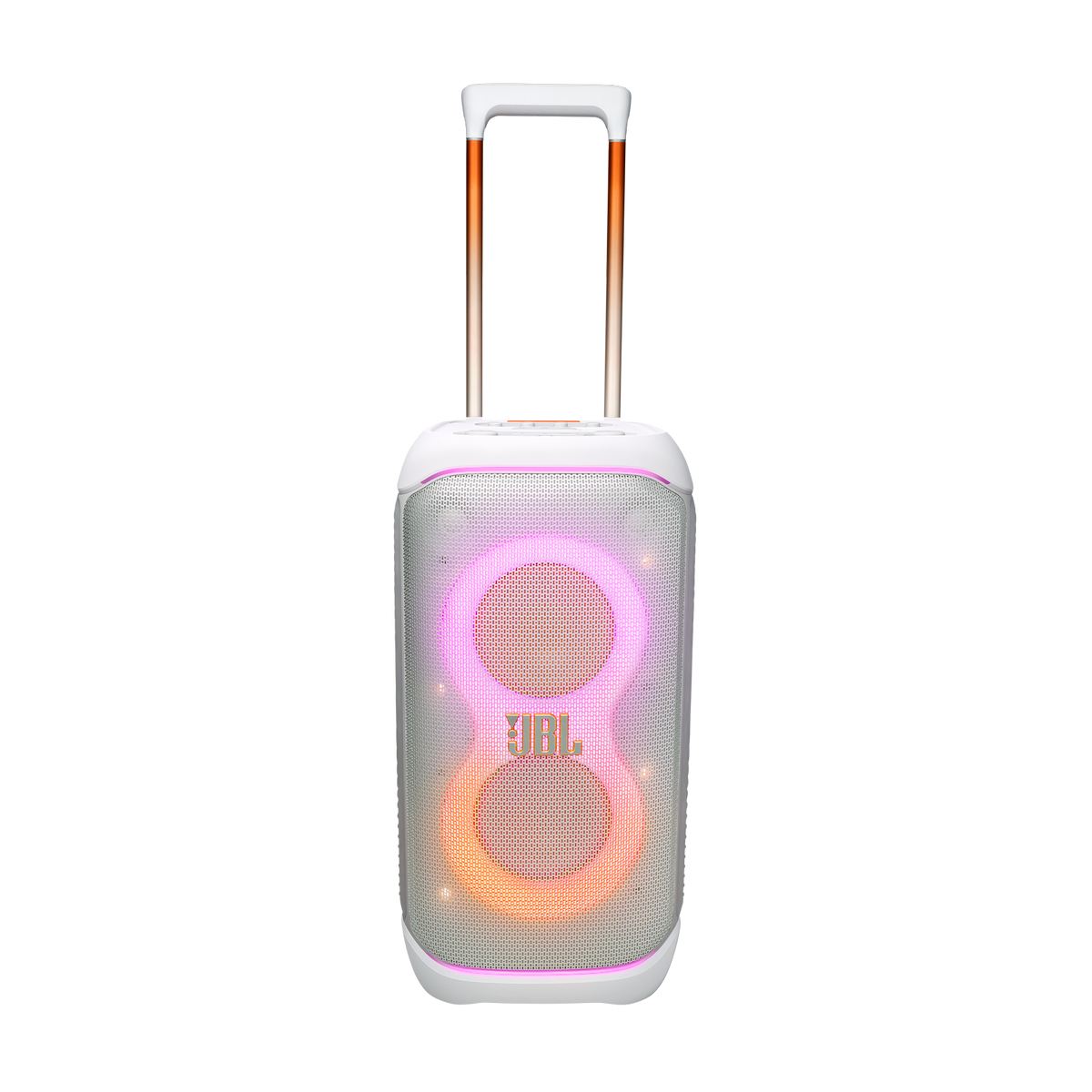 JBL PartyBox Stage 320 white speaker with illuminated front grille and extended handle shown front view.