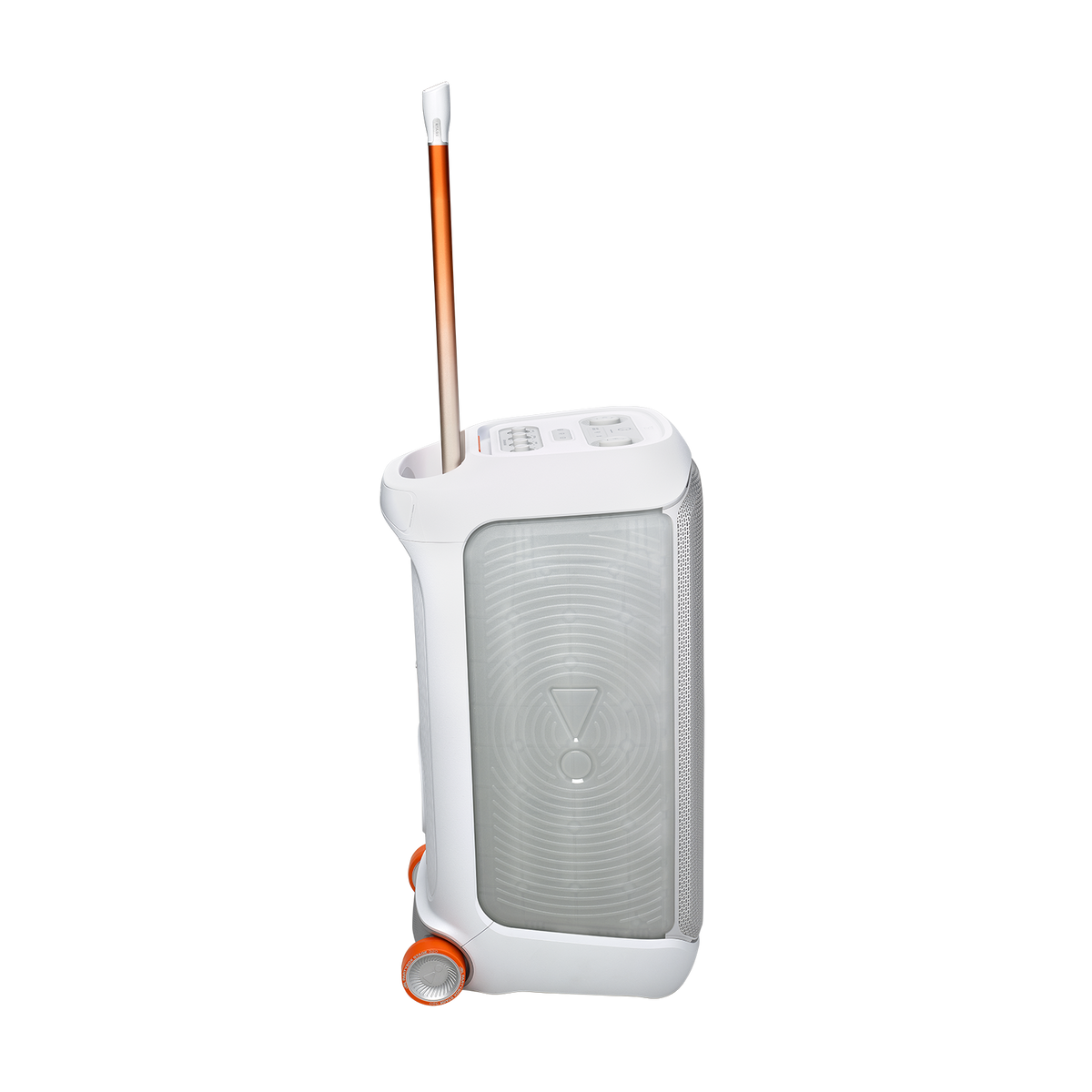 JBL PartyBox Stage 320 white speaker shown from side with handle extended and orange wheels visible