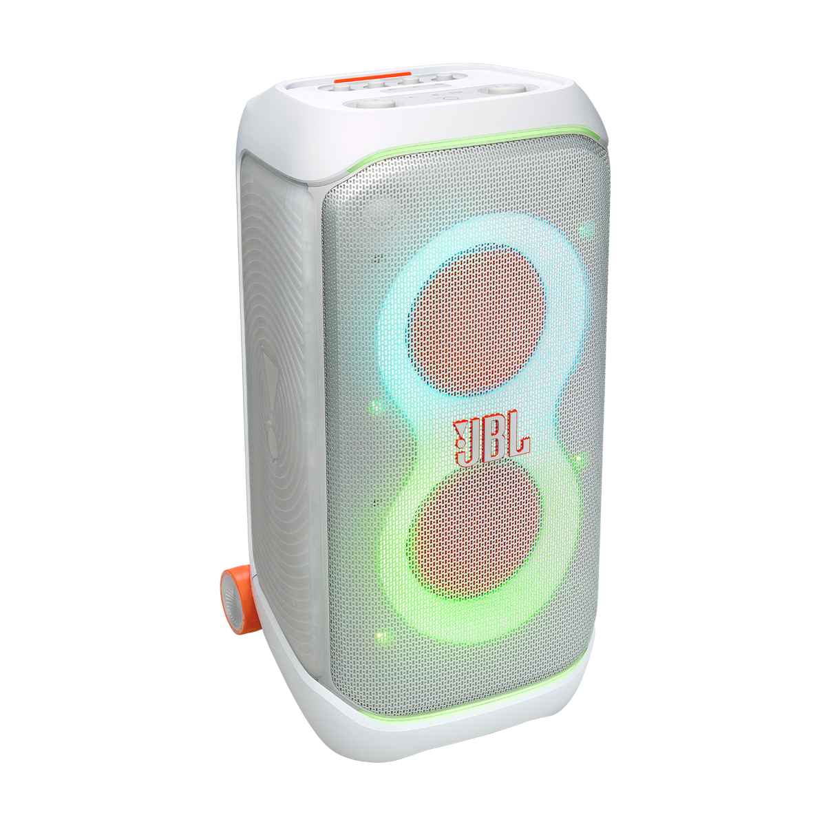 JBL PartyBox Stage 320 white speaker with glowing LED light rings and orange JBL logo on front grille.