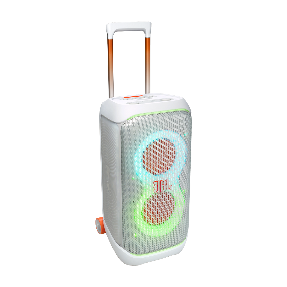 White JBL PartyBox Stage 320 speaker with glowing LED light rings, telescopic handle, and orange wheels visible