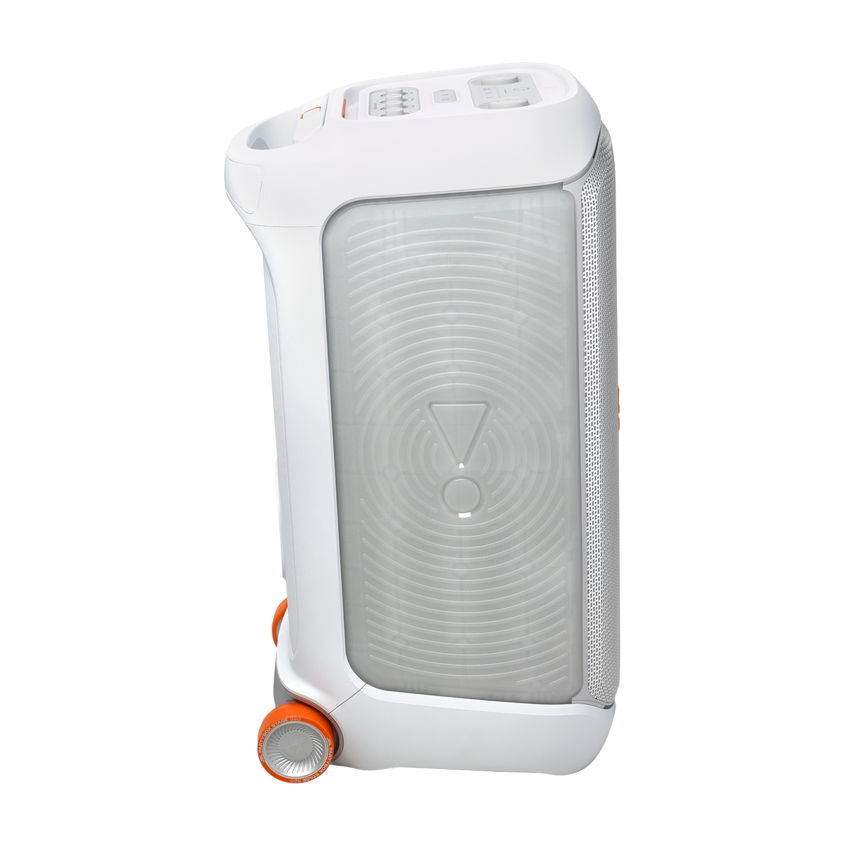 White JBL PartyBox Stage 320 speaker shown from the left side with orange wheels and control panel on top.
