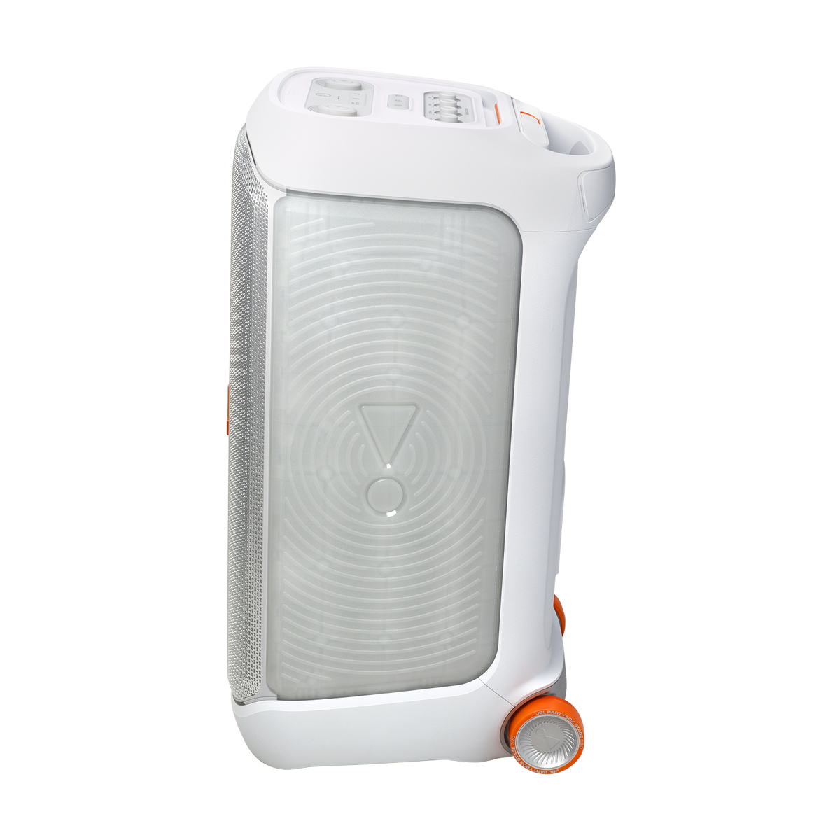 White JBL PartyBox Stage 320 speaker shown from the right side with visible control panel and orange wheel detail