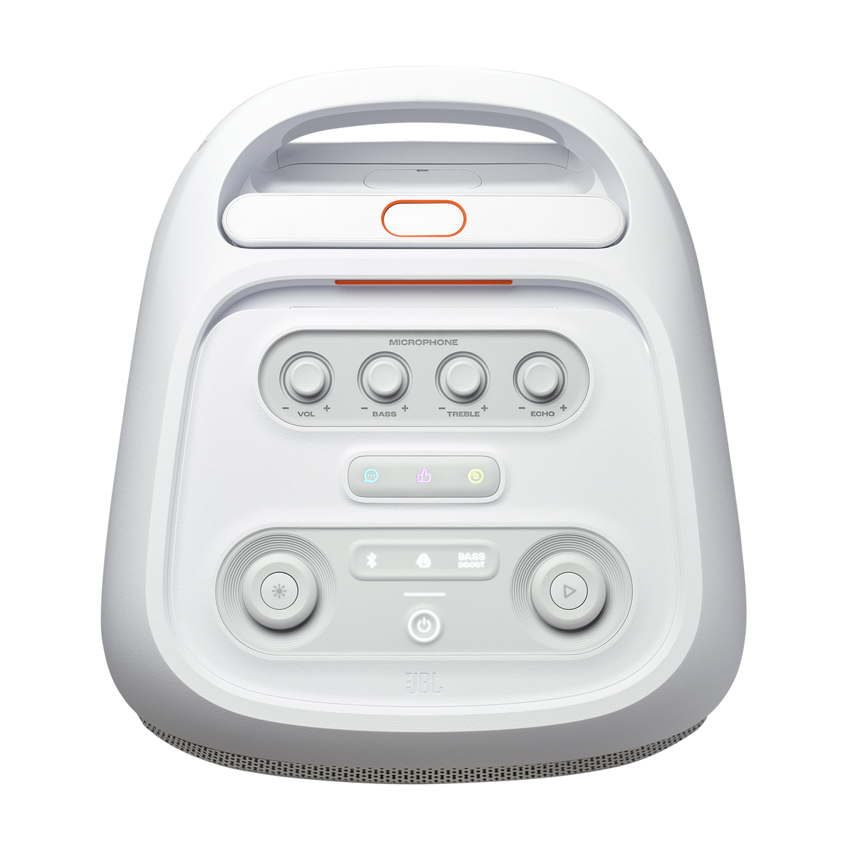 Top control panel of the white JBL PartyBox Stage 320 speaker showing microphone and playback knobs.