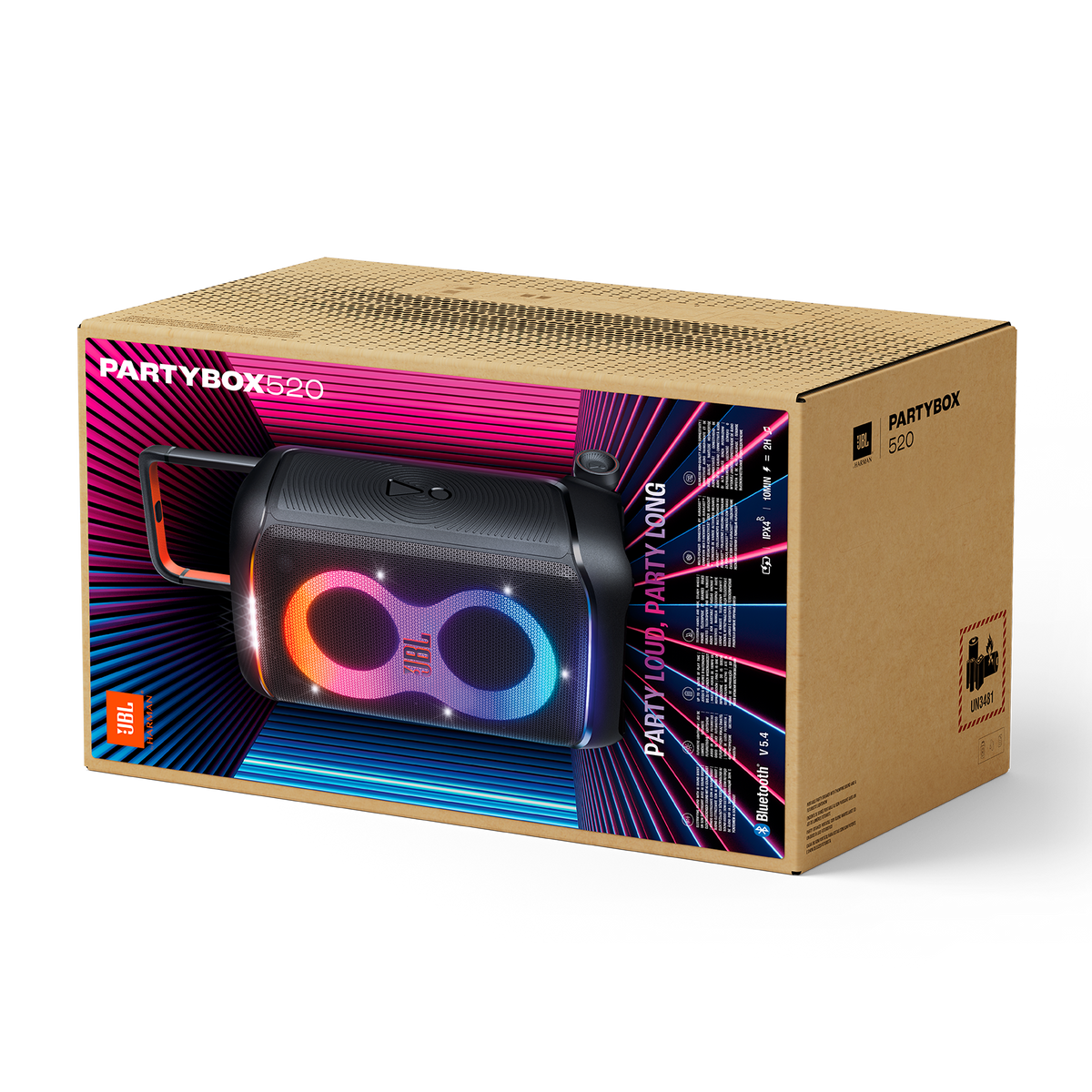 JBL Partybox 520 speaker box showing colorful speaker lights and product branding on packaging.