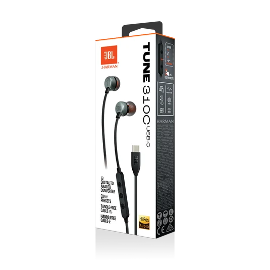 JBL Tune 310C USB-C wired in-ear headphones packaging showing front and side with product image and features.
