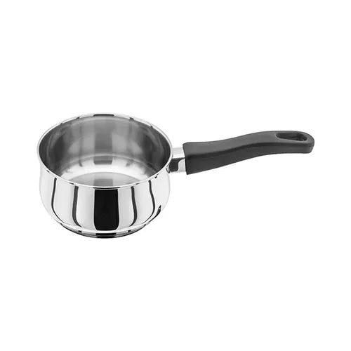 Judge Vista 14cm stainless steel milk pan with black phenolic handle, shown from a side angle on white background.