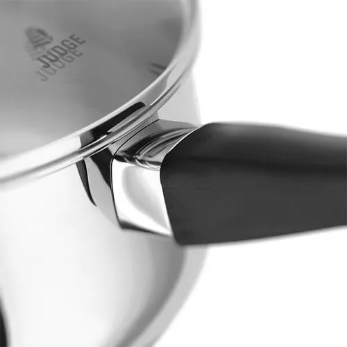 Close-up of the Judge Vista 14cm Milk Pan 900ml showing the handle and polished stainless steel body.