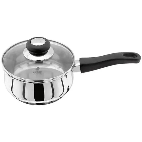 Judge Vista 16cm stainless steel saucepan with black stay-cool handle and vented glass lid, side view.