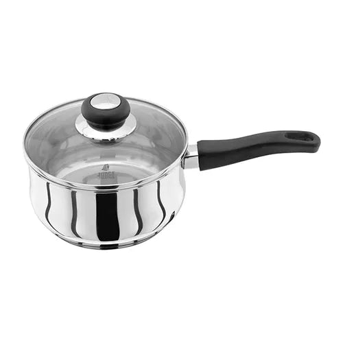 Judge Vista 18cm stainless steel saucepan with black handle and vented glass lid, shown from an angled side view.