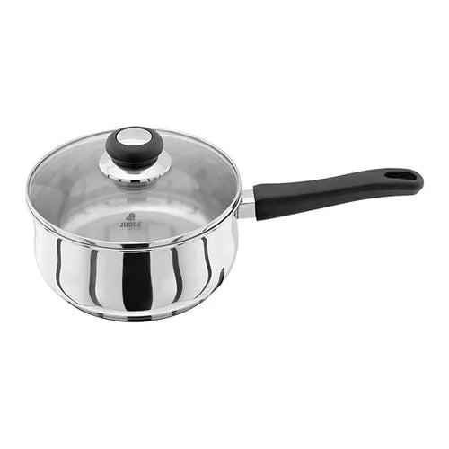 Judge Vista 20cm stainless steel saucepan with black handle and vented glass lid, side view on white background.