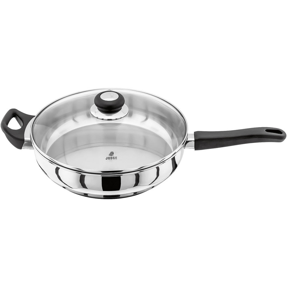 Judge Vista 28cm stainless steel saute pan with vented glass lid and black stay-cool handles, side view.