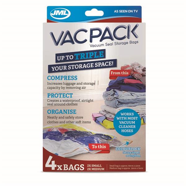 JML Vac Pack Storage Bags 4 Pack, airtight vacuum seal, space-saving clothes storage, transparent plastic, Keans Claremorris
