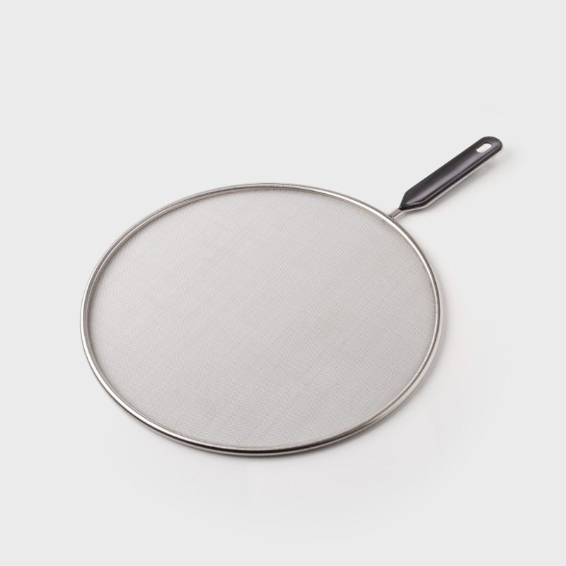 28cm round metal splatter guard with fine mesh and black plastic handle on white background