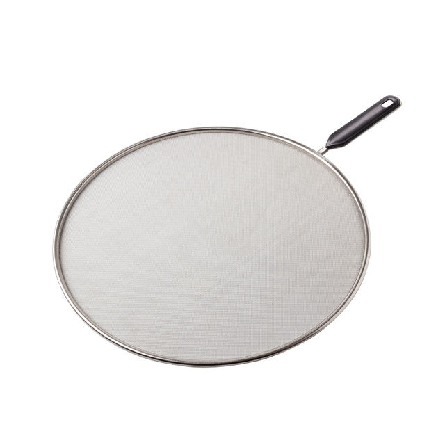 Splatter Guard 32cm with fine mesh screen and black handle on white background