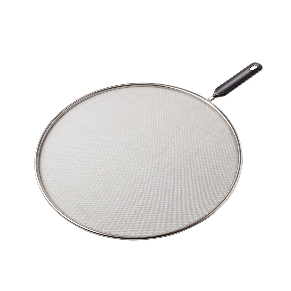 Splatter Guard 32cm with fine stainless steel mesh and black handle on white background