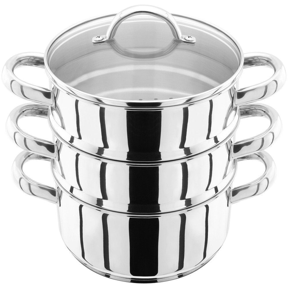 Judge 16cm 3 tier stainless steel steamer set with glass lid, polished finish, side handles visible