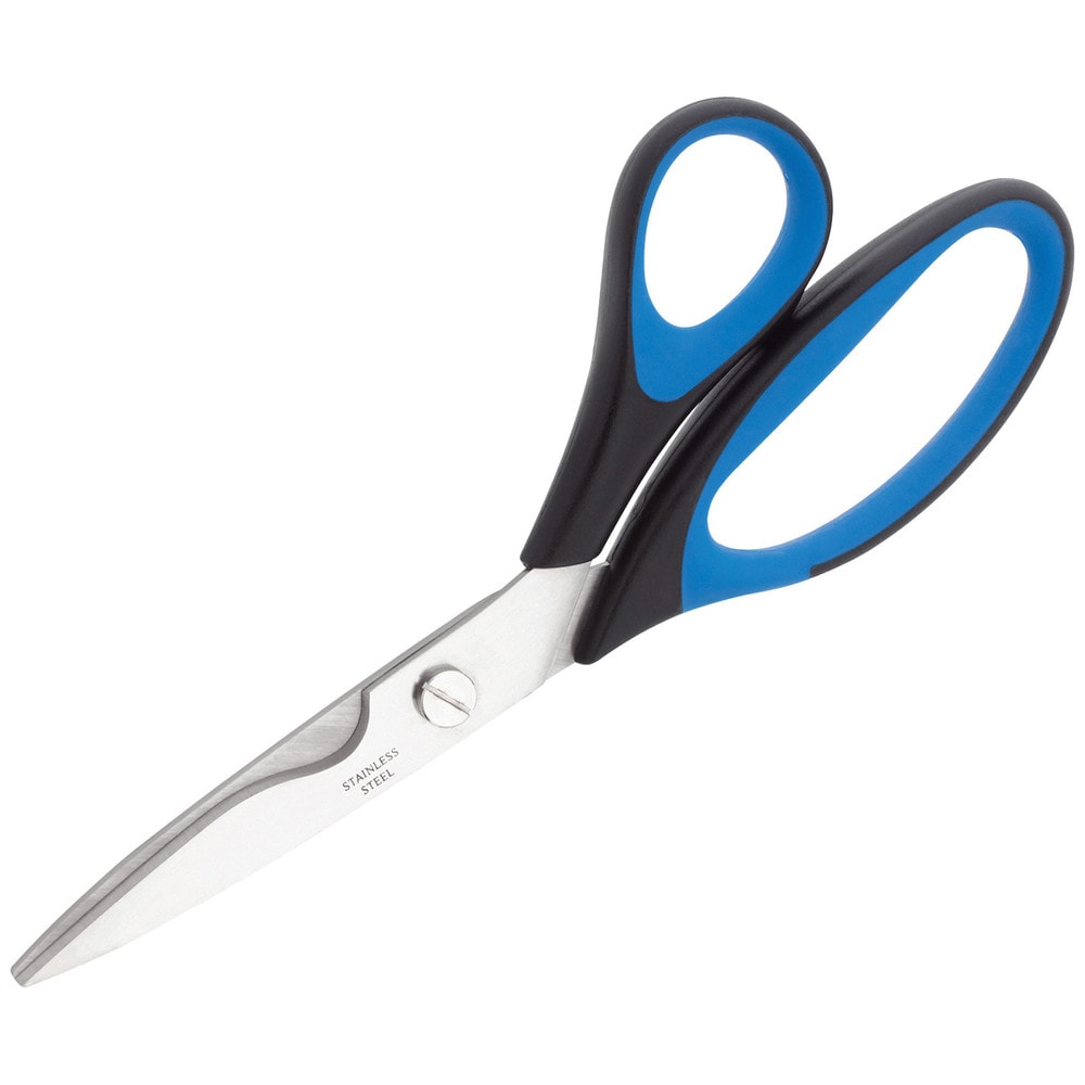 Judge Essentials 8" all-purpose scissors with stainless steel blades and blue-black ergonomic handles.