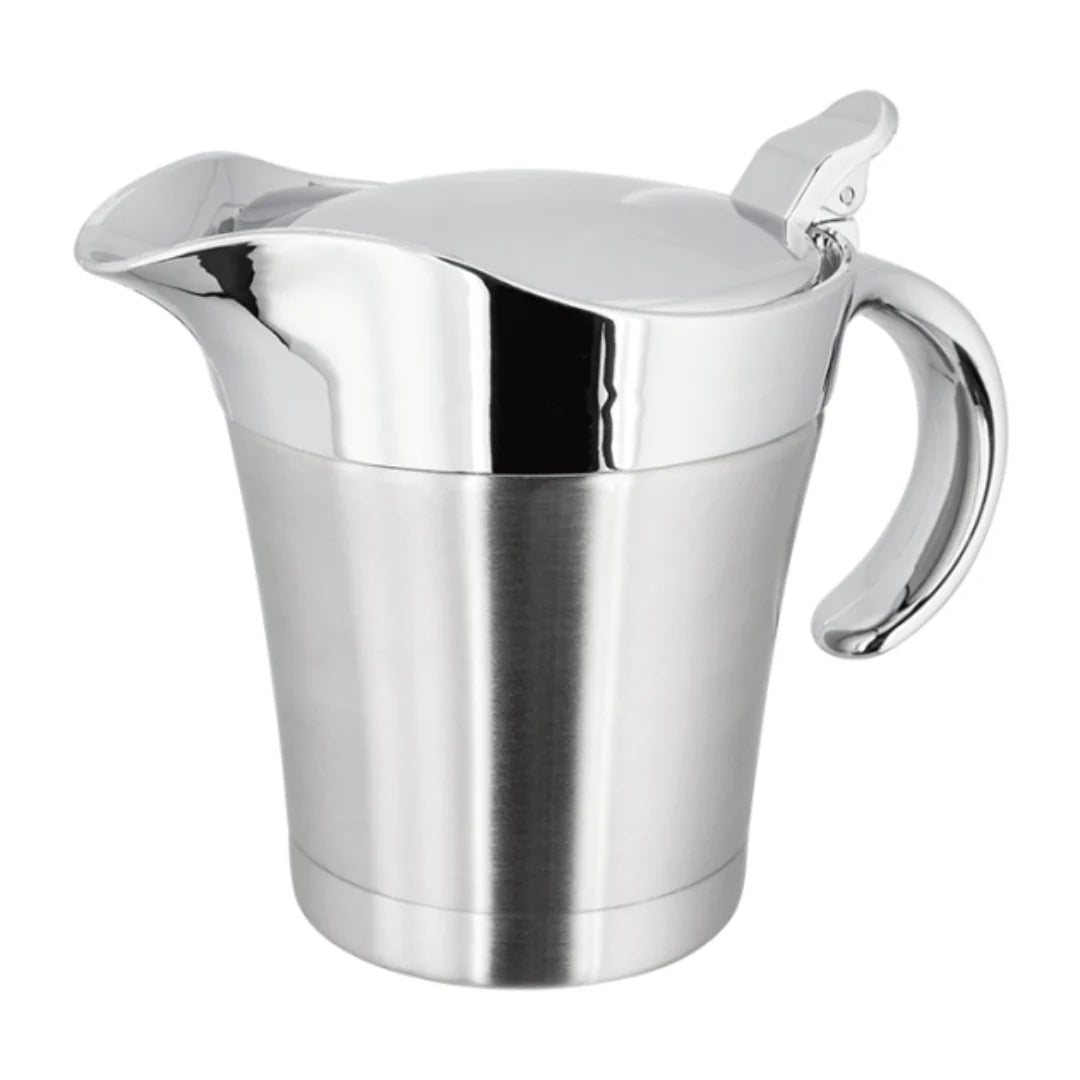 Judge Double Walled Gravy Pot 450ml in stainless steel with lid, handle, and non-drip spout visible.