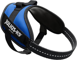 Julius-K9 Size 0 Powerharness Blue with ergonomic, breathable lining, adjustable straps, reflective stripes – Keans