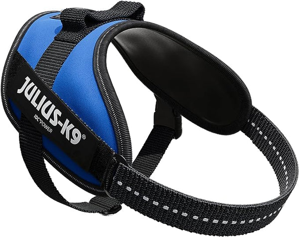 Julius-K9 Size 0 Powerharness Blue with ergonomic, breathable lining, adjustable straps, reflective stripes – Keans