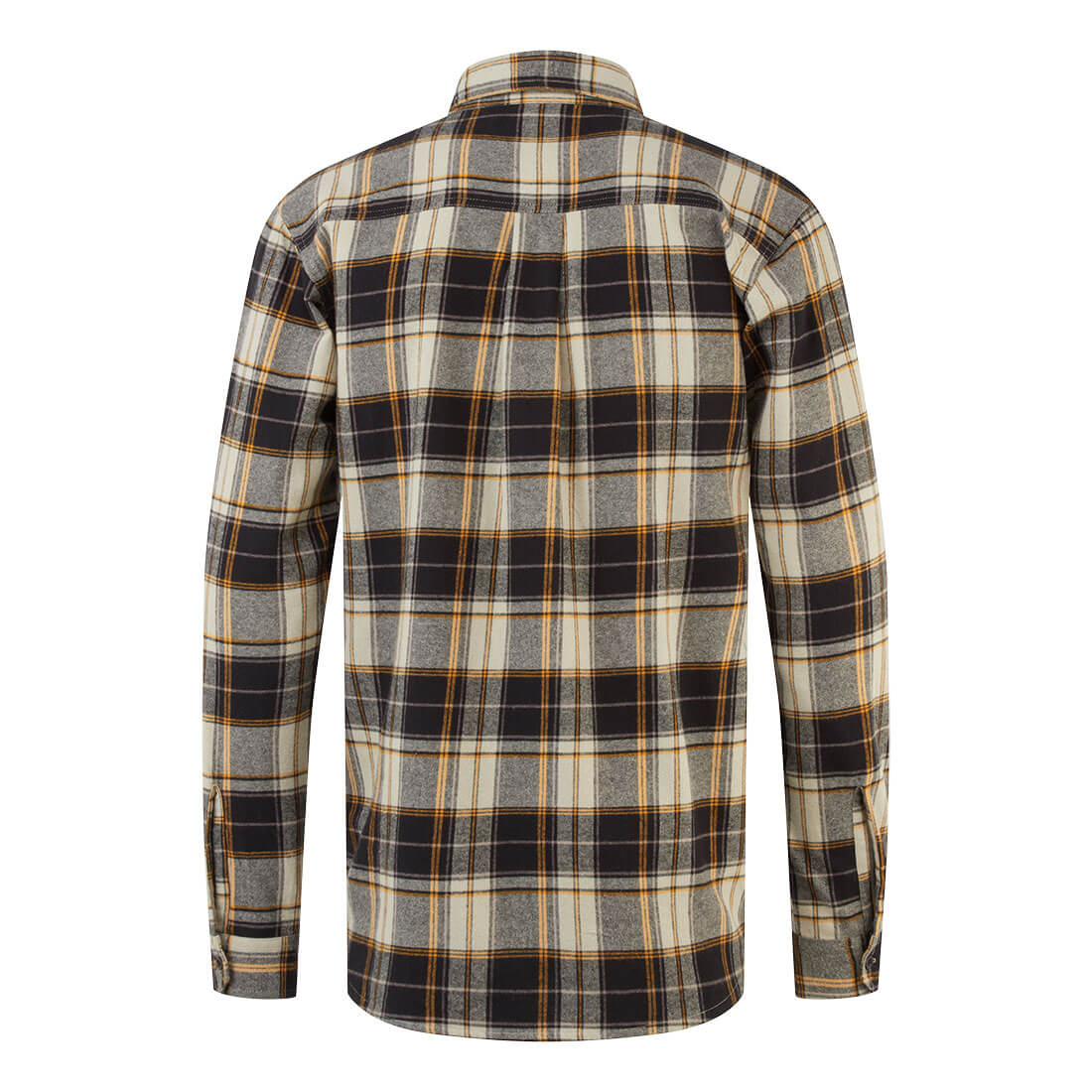 Back view of an unlined black check shirt with cream and orange plaid pattern and long sleeves.
