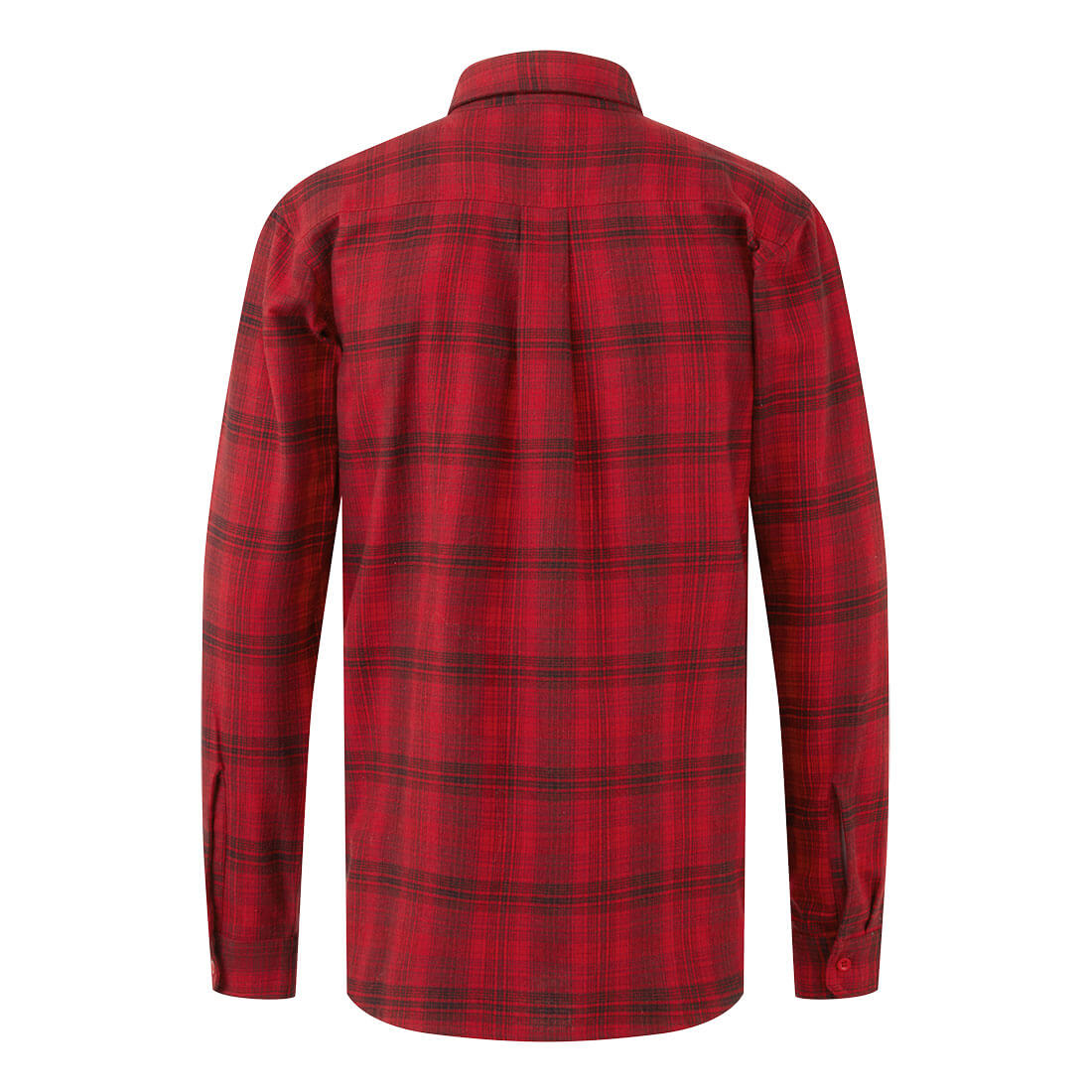 Back view of an unlined red check long-sleeve shirt with buttoned cuffs and a collar.